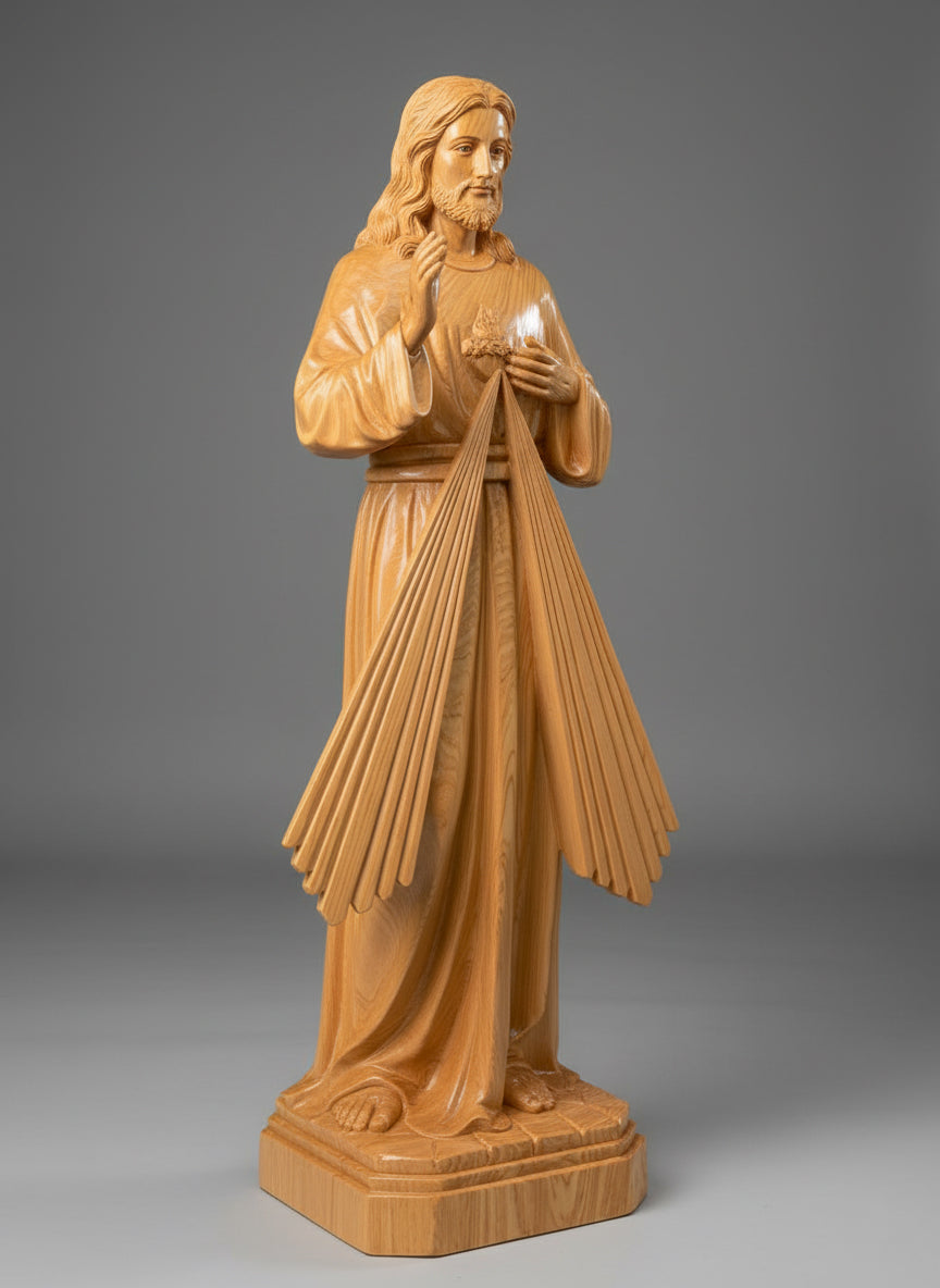 Divine Mercy of Jesus Wooden Statue, Sacred Heart Christ Wood Carving, Handmade Catholic Religious Sculpture, Christian Home Decor